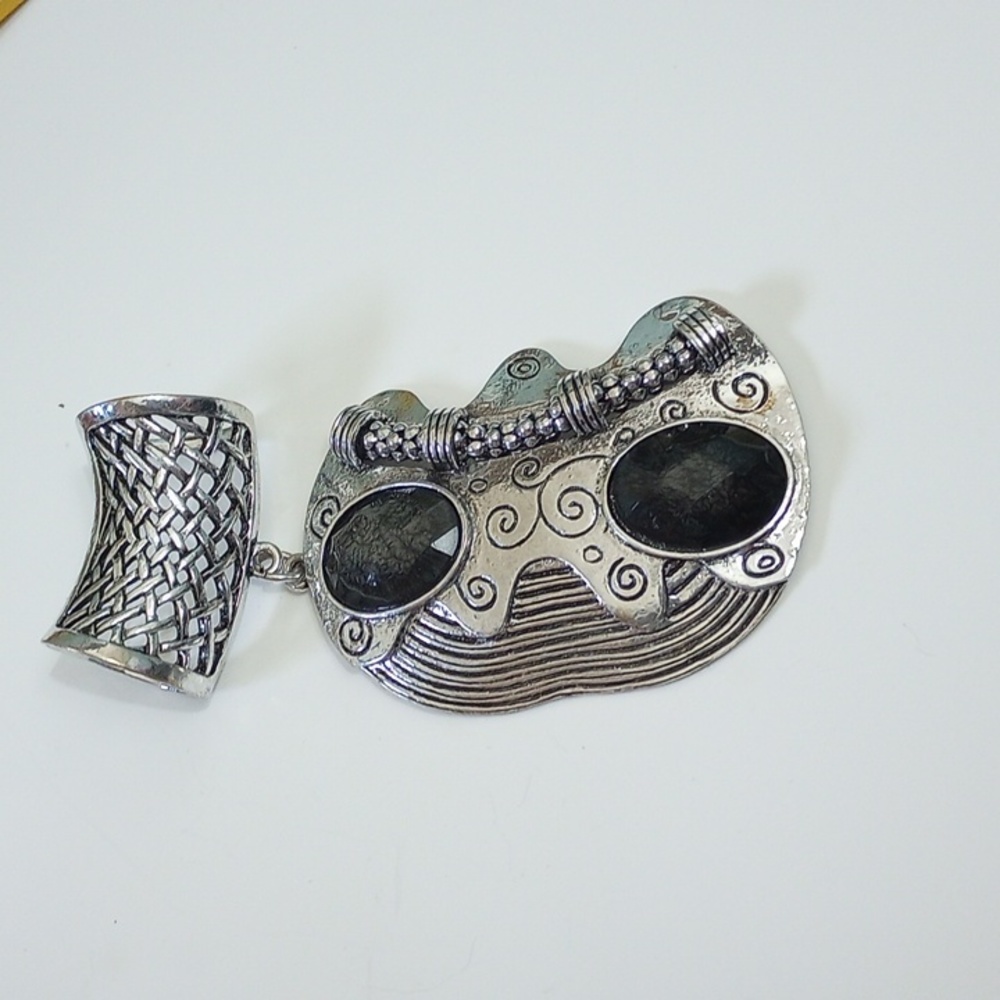GB Vintage abstract black silvertone Scarf Slide Pendant